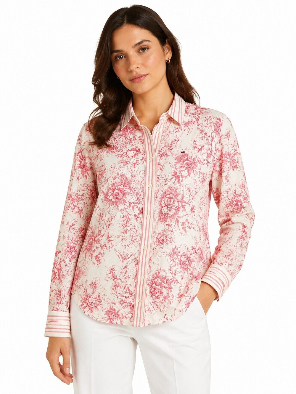 Tommy Hilfiger Women's Floral Linen Blend Button Front Shirt Pink White L/G EUC